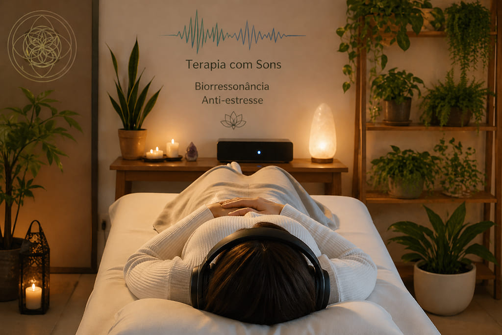 Pessoa em sessão de terapia com sons, deitada em maca com fones de ouvido em ambiente relaxante.