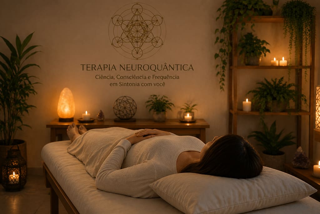 Pessoa em sessão de terapia com sons, deitada em maca com fones de ouvido em ambiente relaxante.